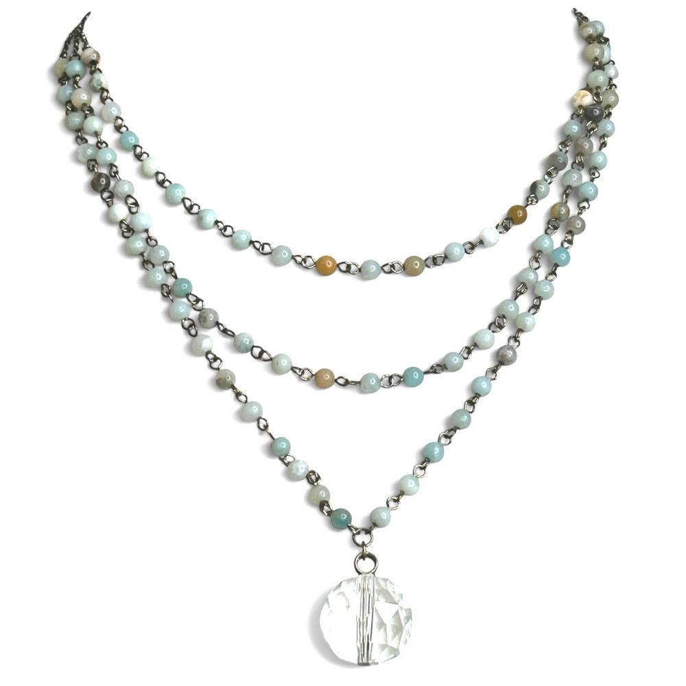 Layered Beaded Necklace Trio Clear Crystal Medallion Pendant Blue Tan Brown